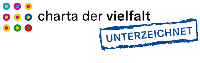 Logo der Charta der Vielfalt mit Stempelaufdruck Unterzeichnet.